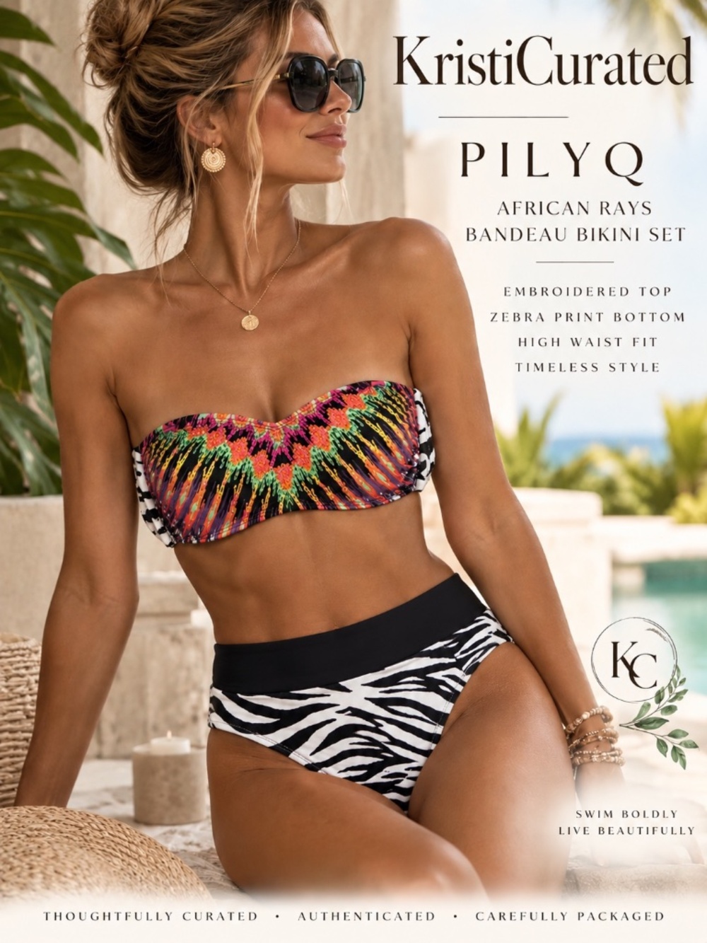 PilyQ African Rays Embroidered Bandeau Zebra Bikini Set M NWT